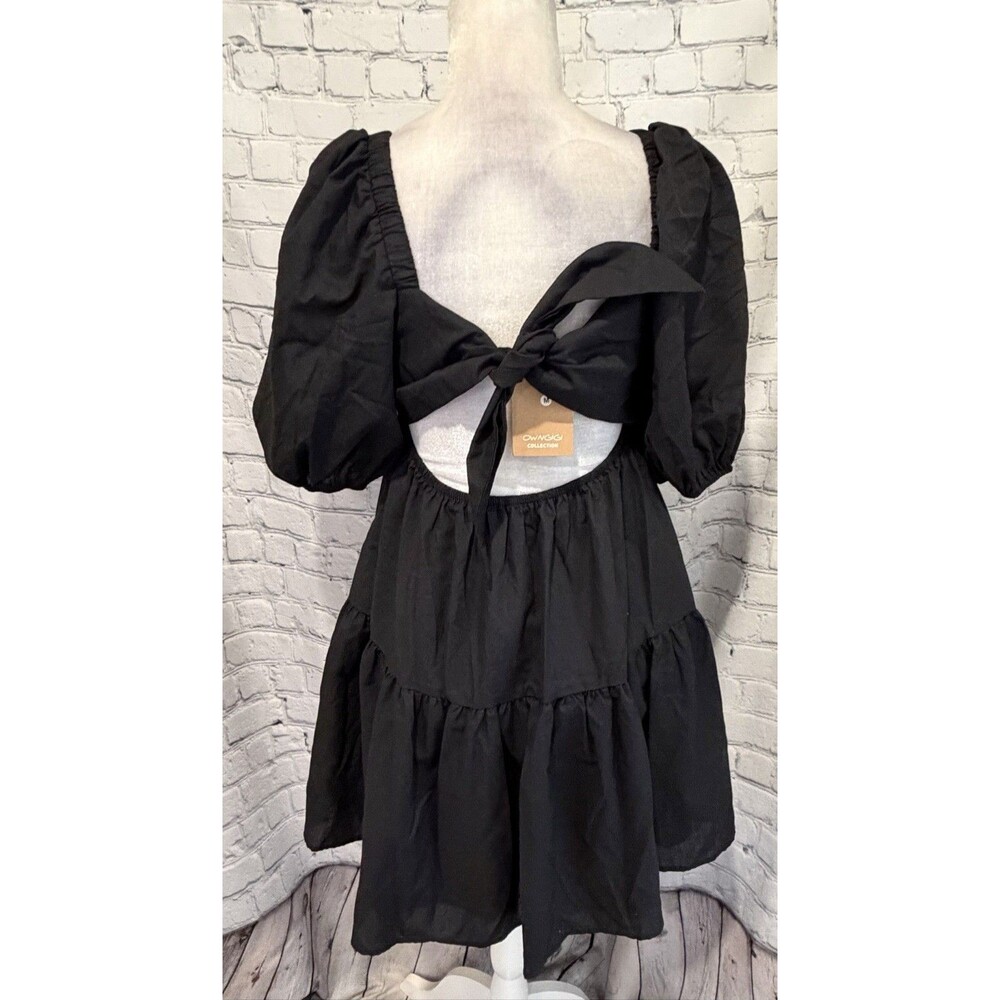 NWT OWNGIGI Women's Black Summer Dress Square Neck Puffy Short Sleeve Tie Back M - Picture 5 of 9